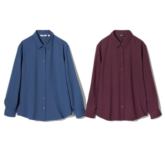 2 FOR $22 - UNIQLO Women's Rayon Long Sleeve Blouse - Blue - Burgundy - Picture 1 of 7